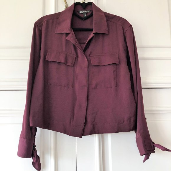 Silky Maroon Tie-Sleeve Button-Front Collared Blouse by Express - Picture 15 of 16
